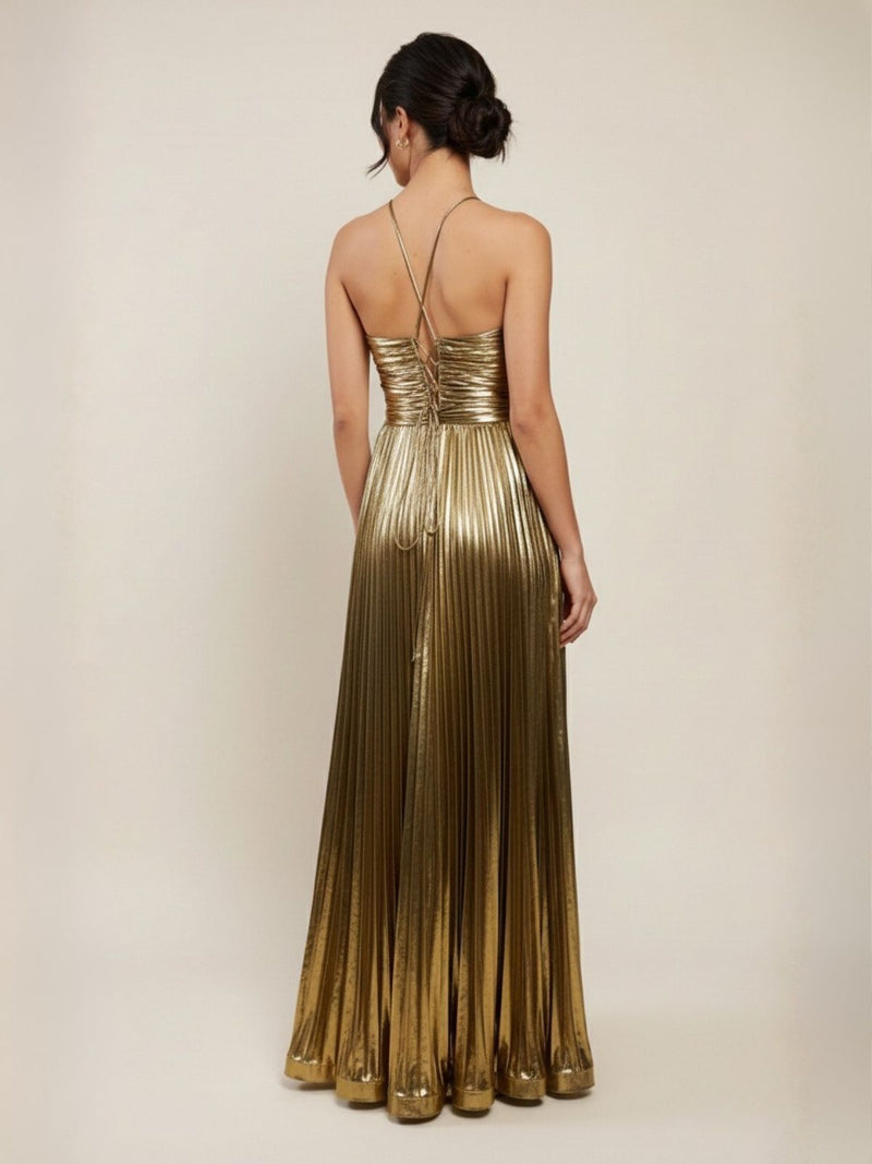 Gold 1930s Metallic Cross Halter Pleated Dress Gold 1930s Metallic Cross Halter Pleated Dress