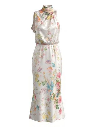 1930s Mock Neck Watercolor Floral Satin Mermaid Dress - vintage dress, retro fashion, elegant style for vintage lovers