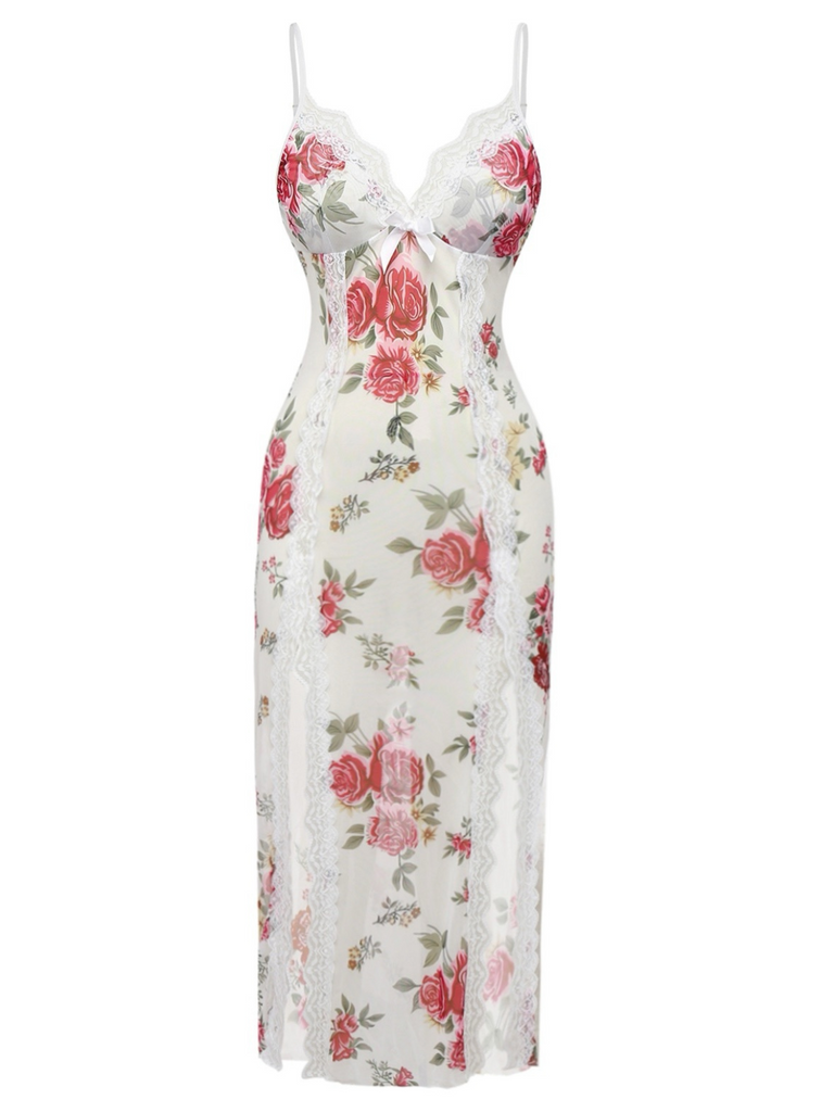 White 1930s Lace Floral Mesh Spaghetti Straps Nightgown - vintage nightgown, retro sleepwear, pure white