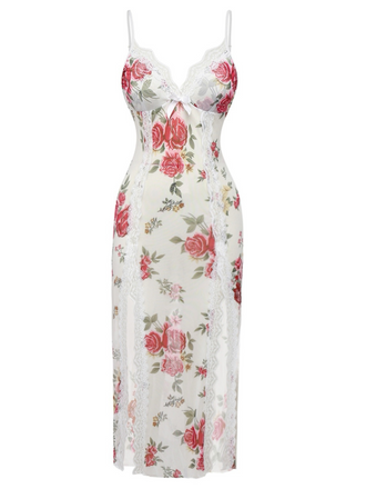 White 1930s Lace Floral Mesh Spaghetti Straps Nightgown - vintage nightgown, retro sleepwear, pure white