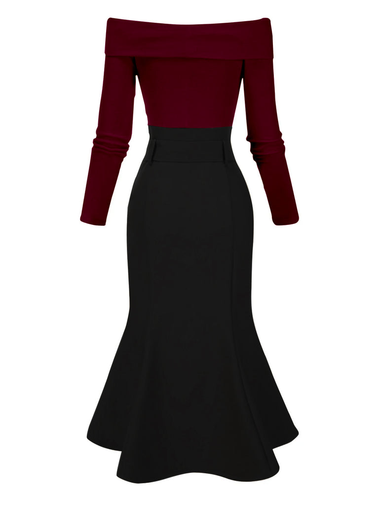 mermaid dress with belt Black 1930s Off Shoulder Knit Belt Mermaid Dress