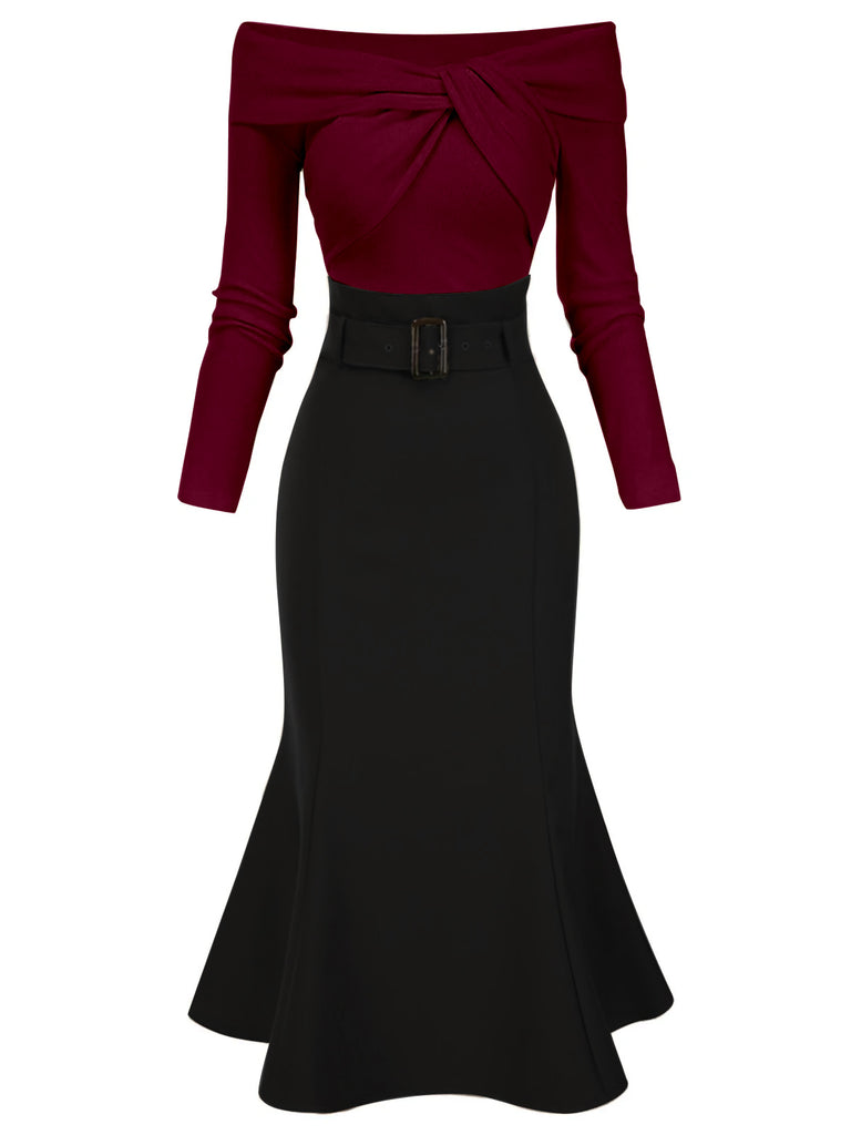 Black 1930s Off Shoulder Knit Belt Mermaid Dress