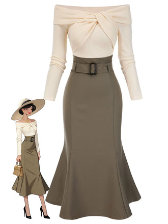 Khaki 1930s Off Shoulder Knit Belt Mermaid Dress, vintage dress, retro fashion - perfect for women who love vintage and retro fashion