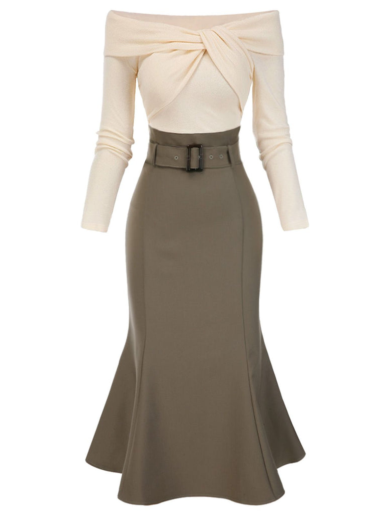 Khaki 1930s Off Shoulder Knit Belt Mermaid Dress | Retro Stage Khaki 1930s Off Shoulder Knit Belt Mermaid Dress | Retro Stage