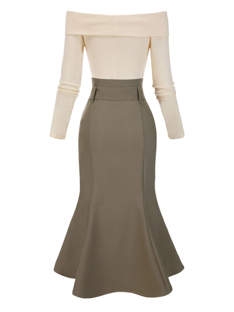 Khaki 1930s Off Shoulder Knit Belt Mermaid Dress | Retro Stage