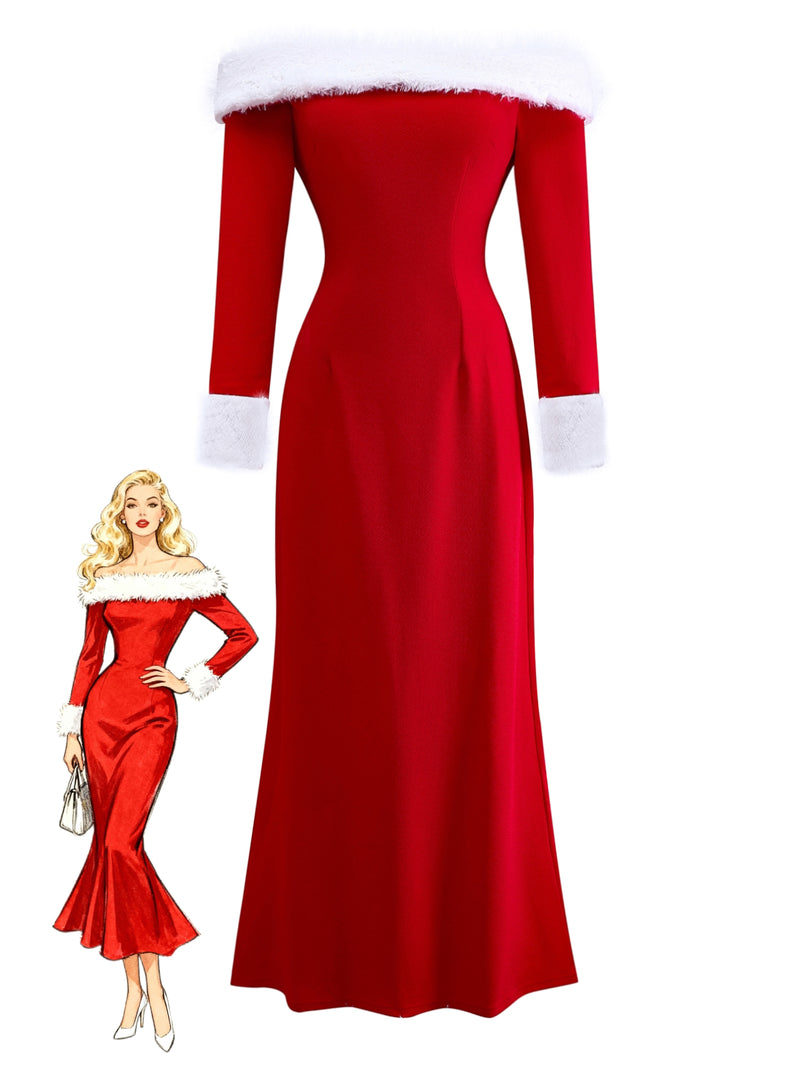 Red Christmas Off Shoulder Maxi Dress