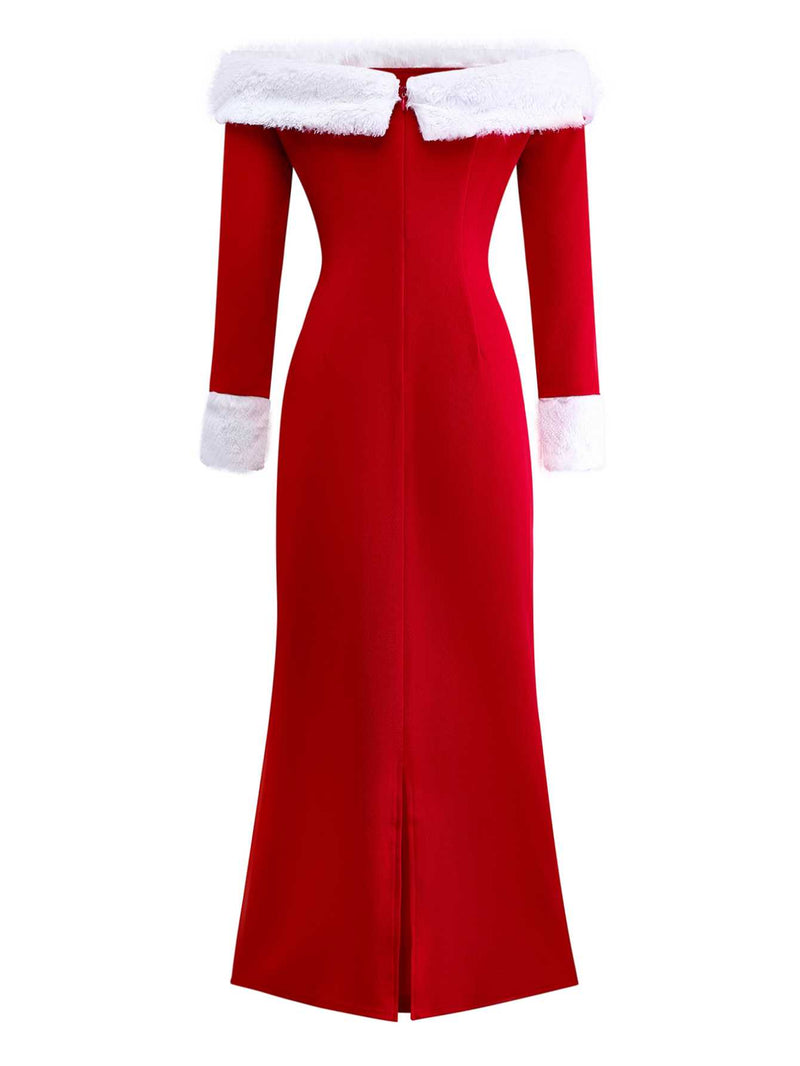 off shoulder faux fur dress Red Christmas Off Shoulder Maxi Dress