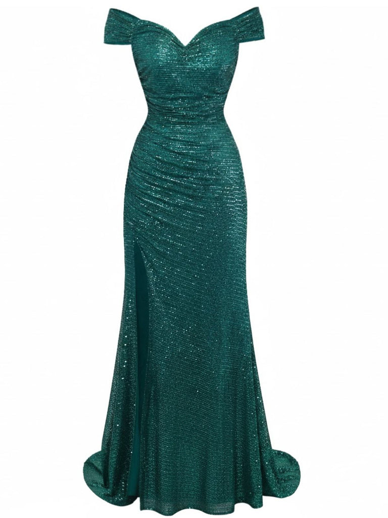 1930s Off-Shoulder Glitter Slit Maxi Dress - vintage dress, retro fashion