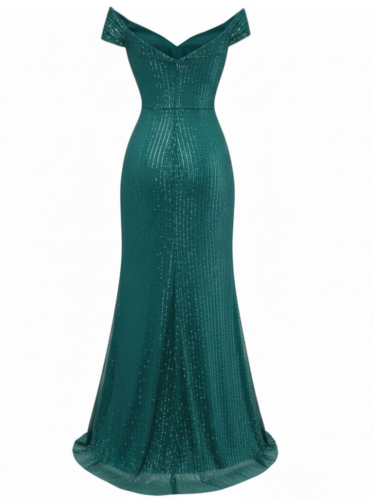 1930s Off-Shoulder Glitter Slit Maxi Dress - vintage dress, retro fashion