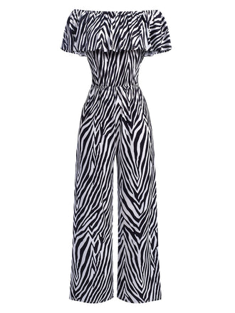 She slips into 1930s Off-Shoulder Zebra Stripe Jumpsuit and channels 1930s screen sirens