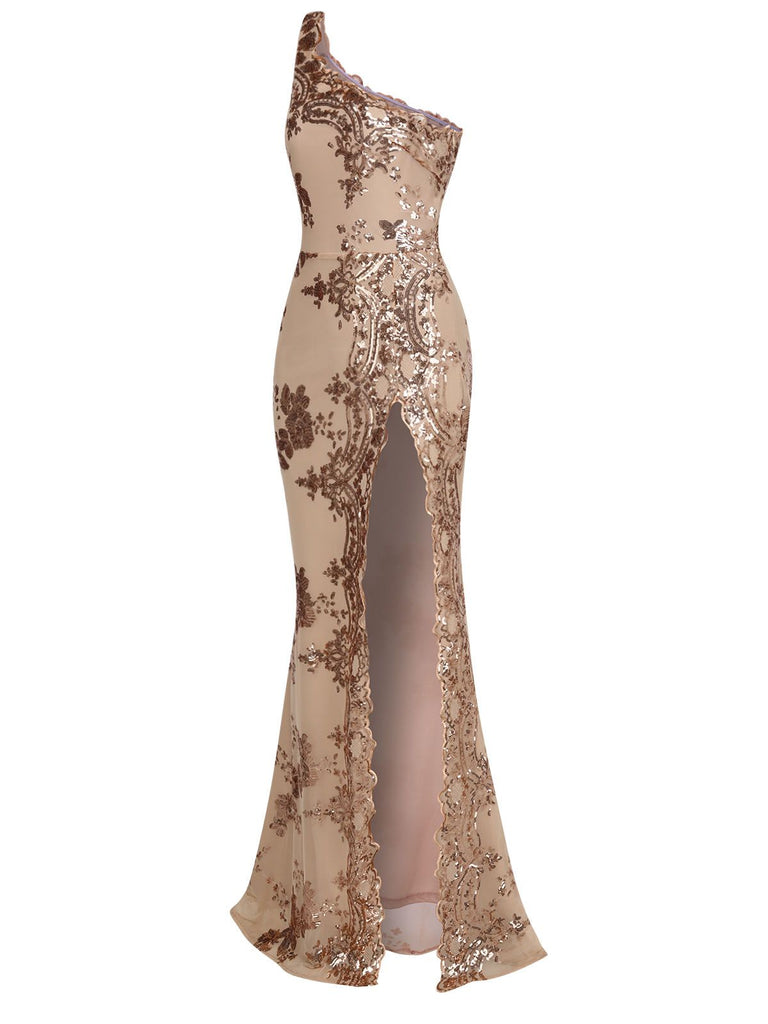 1930s One Shoulder Sequined Floral Slit Dress — a 1930s silhouette that turns sidewalks into runways