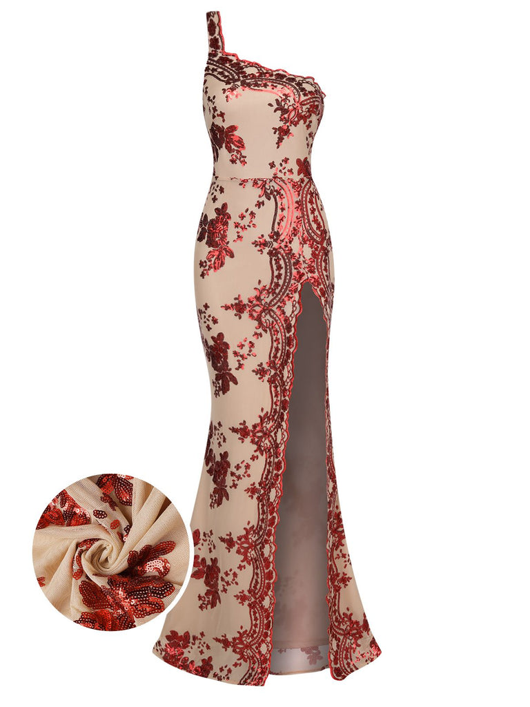 This 1930s One Shoulder Sequined Floral Slit Dress wraps her in 1930s elegance, one twirl at a time