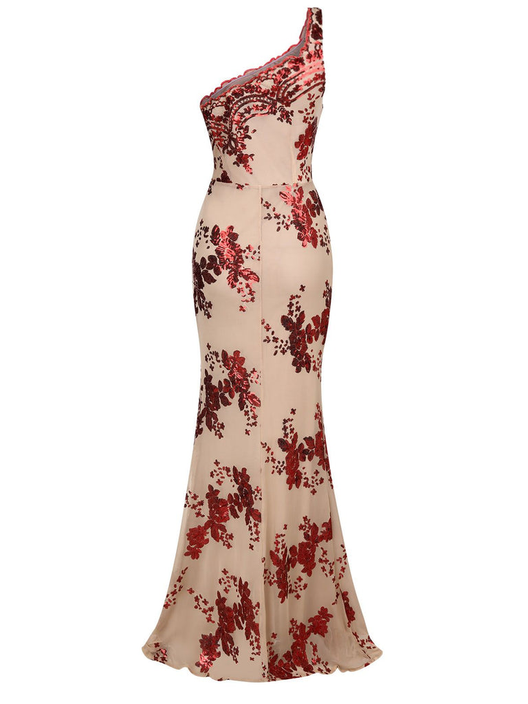 1930s One Shoulder Sequined Floral Slit Dress — a 1930s silhouette that turns sidewalks into runways