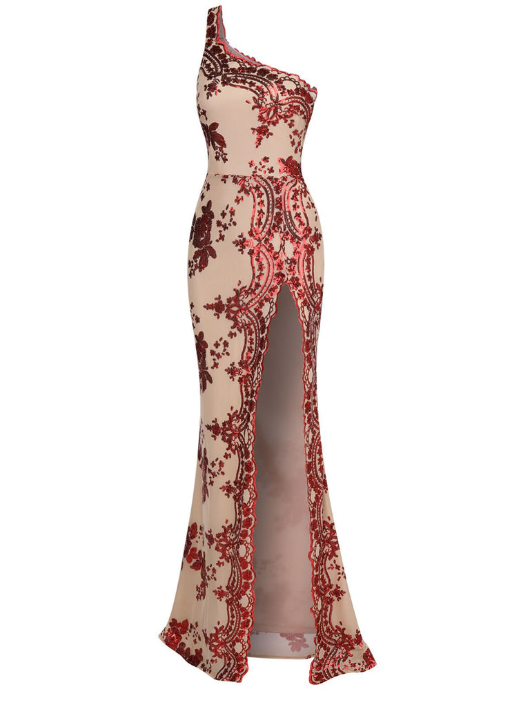 She slips into this 1930s One Shoulder Sequined Floral Slit Dress and suddenly it's a 1930s daydream