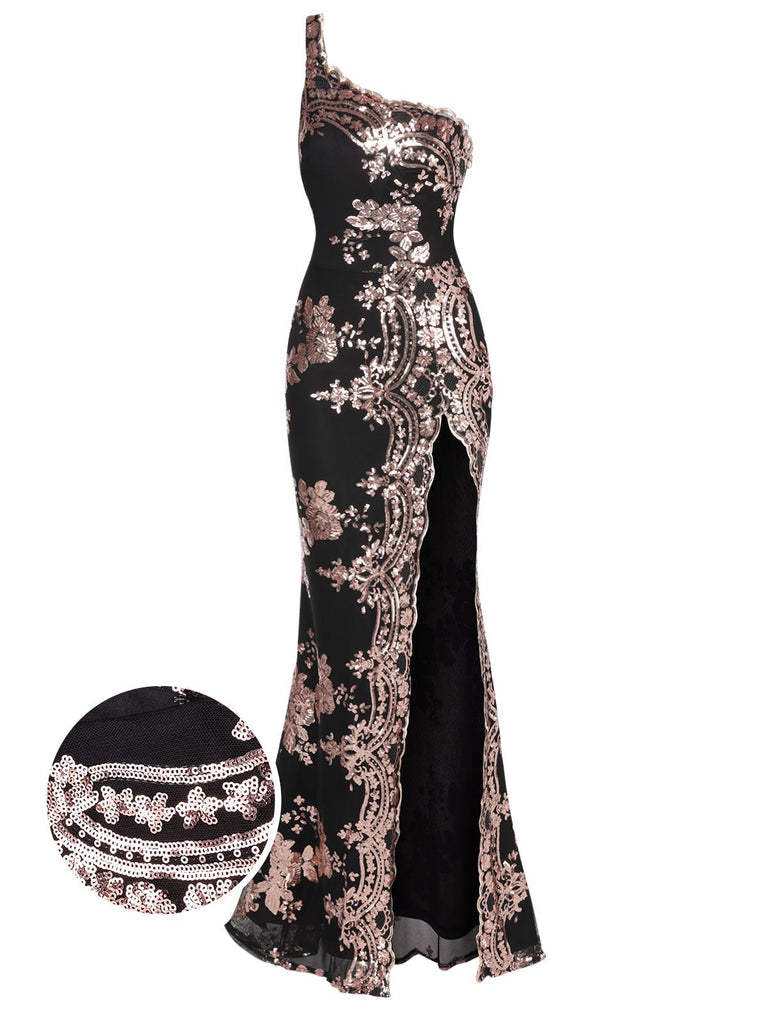 She slips into this 1930s One Shoulder Sequined Floral Slit Dress and suddenly it's a 1930s daydream