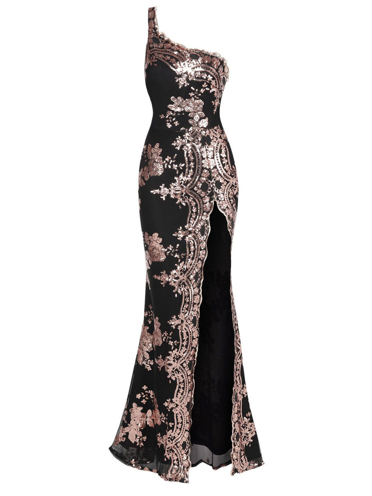 1930s One Shoulder Sequined Floral Slit Dress: where 1930s romance meets her modern spirit