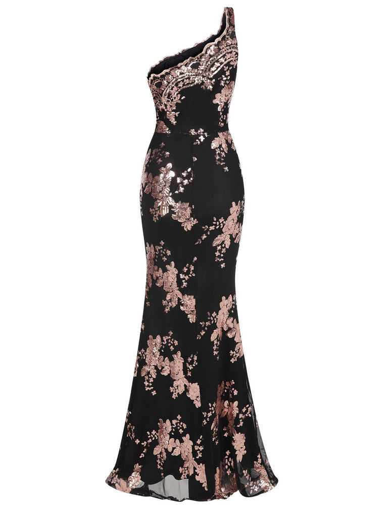 This 1930s One Shoulder Sequined Floral Slit Dress wraps her in 1930s elegance, one twirl at a time