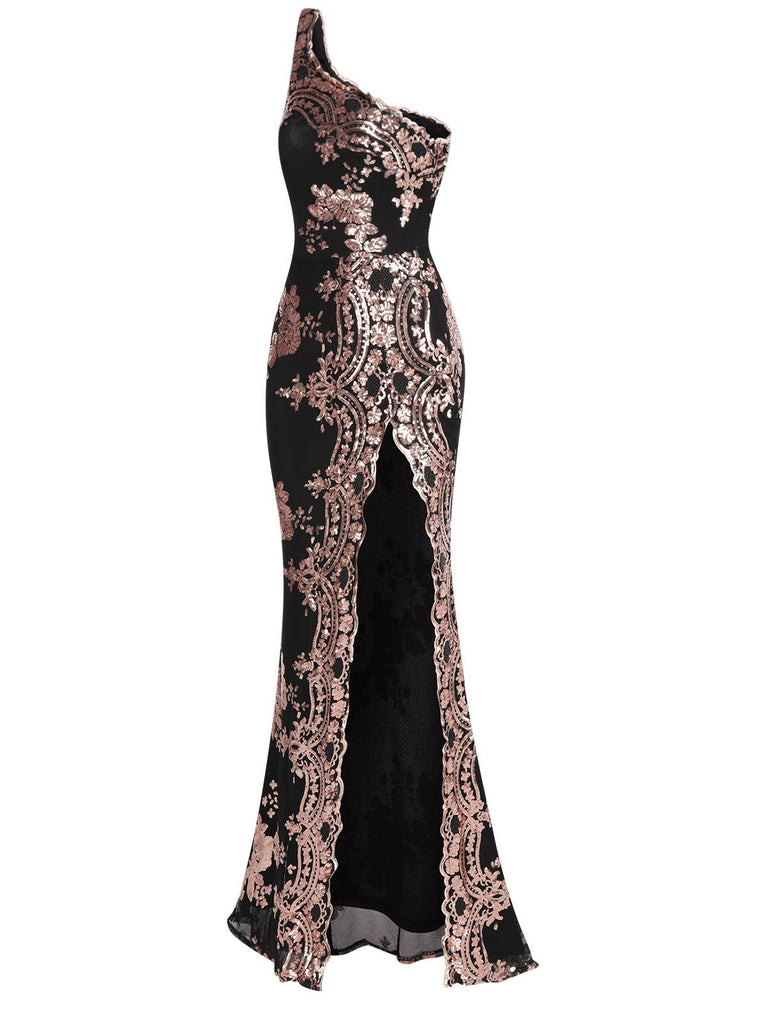 1930s One Shoulder Sequined Floral Slit Dress — the kind of 1930s dress that makes strangers smile