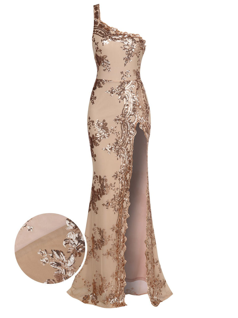 1930s One Shoulder Sequined Floral Slit Dress: where 1930s romance meets her modern spirit