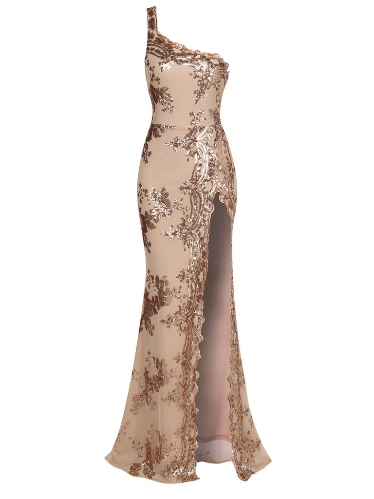This 1930s One Shoulder Sequined Floral Slit Dress wraps her in 1930s elegance, one twirl at a time