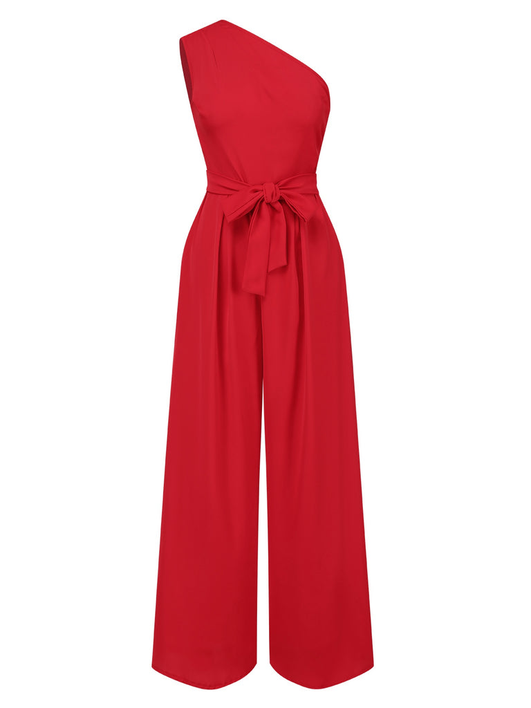 She finds her 1930s story in this 1930s One-Shoulder Solid Bind Jumpsuit