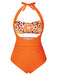 Front view: 1930s Orange 1930s Floral Halter One-Piece Swimsuit, perfect for vintage themed parties and retro fashion enthusiasts
