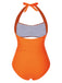 Back view: 1930s Orange 1930s Floral Halter One-Piece Swimsuit, perfect for vintage themed parties and retro fashion enthusiasts