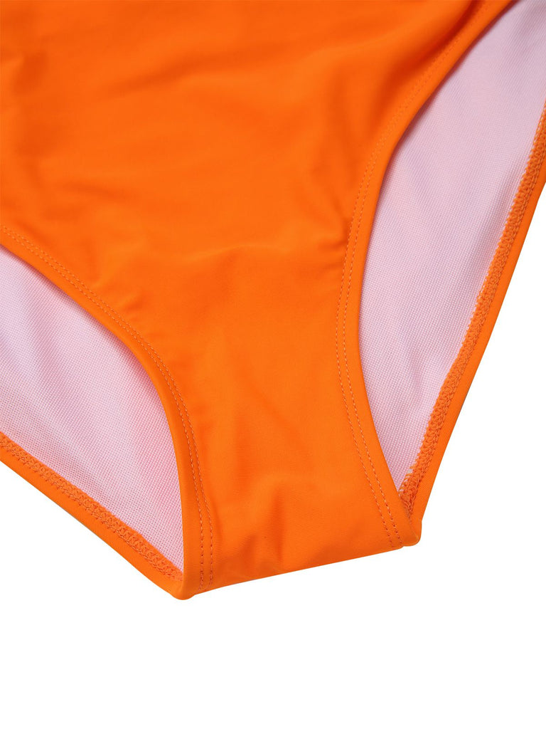 Detail view: 1930s Orange 1930s Floral Halter One-Piece Swimsuit, perfect for vintage themed parties and retro fashion enthusiasts