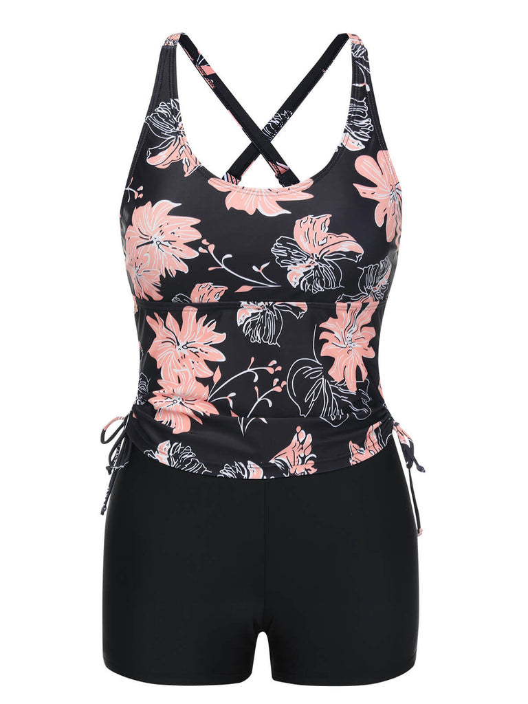 Front view: 1930s 1930s Pink Floral Lace-Up Tankini, perfect for retro themed parties, vintage fashion enthusiasts and special occasions