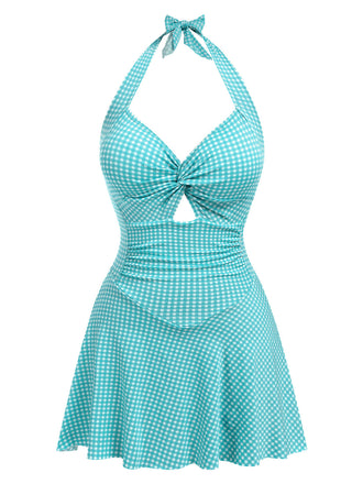 She's wearing 1930s Plaid Halter One-Piece Swimsuit and the whole beach remembers the 1930s