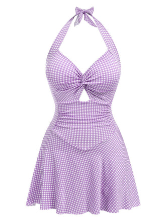 This 1930s Plaid Halter One-Piece Swimsuit carries 1930s vacation dreams in every stitch