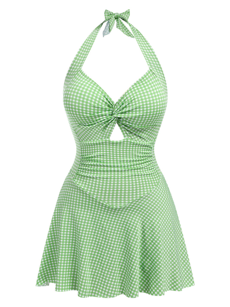 She's wearing 1930s Plaid Halter One-Piece Swimsuit and the whole beach remembers the 1930s