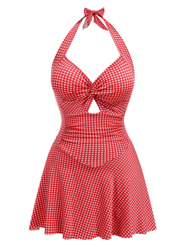 1930s Plaid Halter One-Piece Swimsuit — 1930s poolside glamour meets sun-drenched confidence