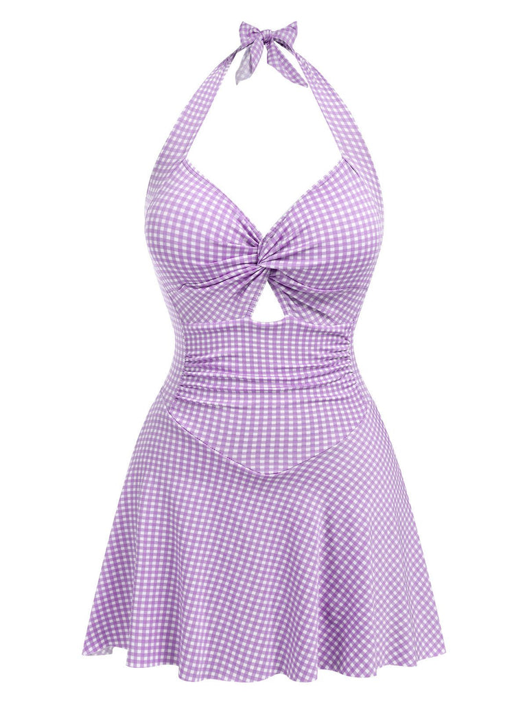 This 1930s Plaid Halter One-Piece Swimsuit carries 1930s vacation dreams in every stitch