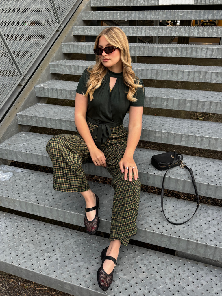 1930s Plaid Keyhole Neck Belted Jumpsuit - vintage jumpsuit, retro fashion