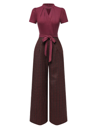1930s Plaid Keyhole Neck Belted Jumpsuit — 1930s elegance in the palm of her hand