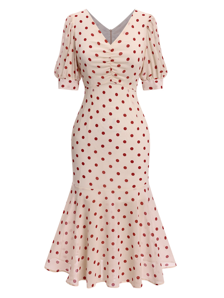Retro Stage Vintage V-Neck Polka Dot Mermaid Midi Dress for Daily Casual