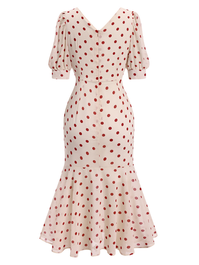 vintage 30s dresses Retro Stage V Neck Polka Dot Mermaid Midi Dress for Women, Black/L