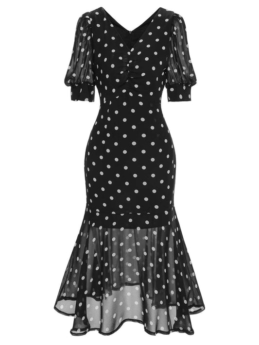 Black 1930s Polka Dot Mermaid Dress, vintage dress, retro fashion - perfect for women who love vintage and retro fashion