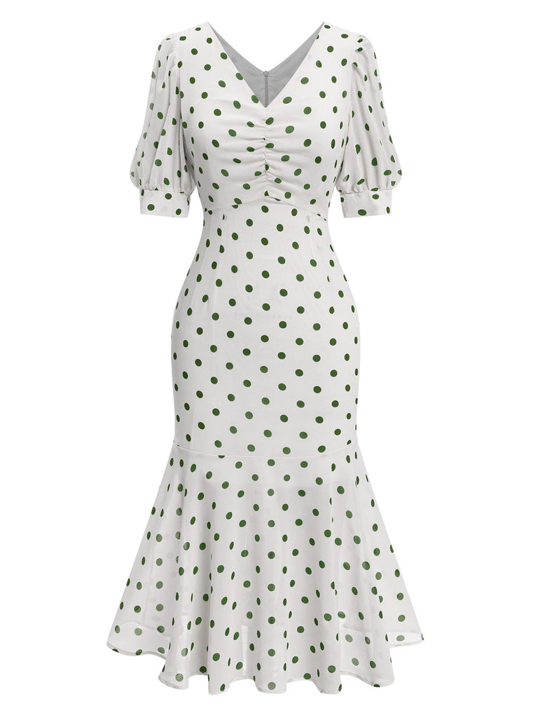 milly polka dot mermaid dress Retro Stage Vintage V-Neck Polka Dot Mermaid Midi Dress for Daily Casual