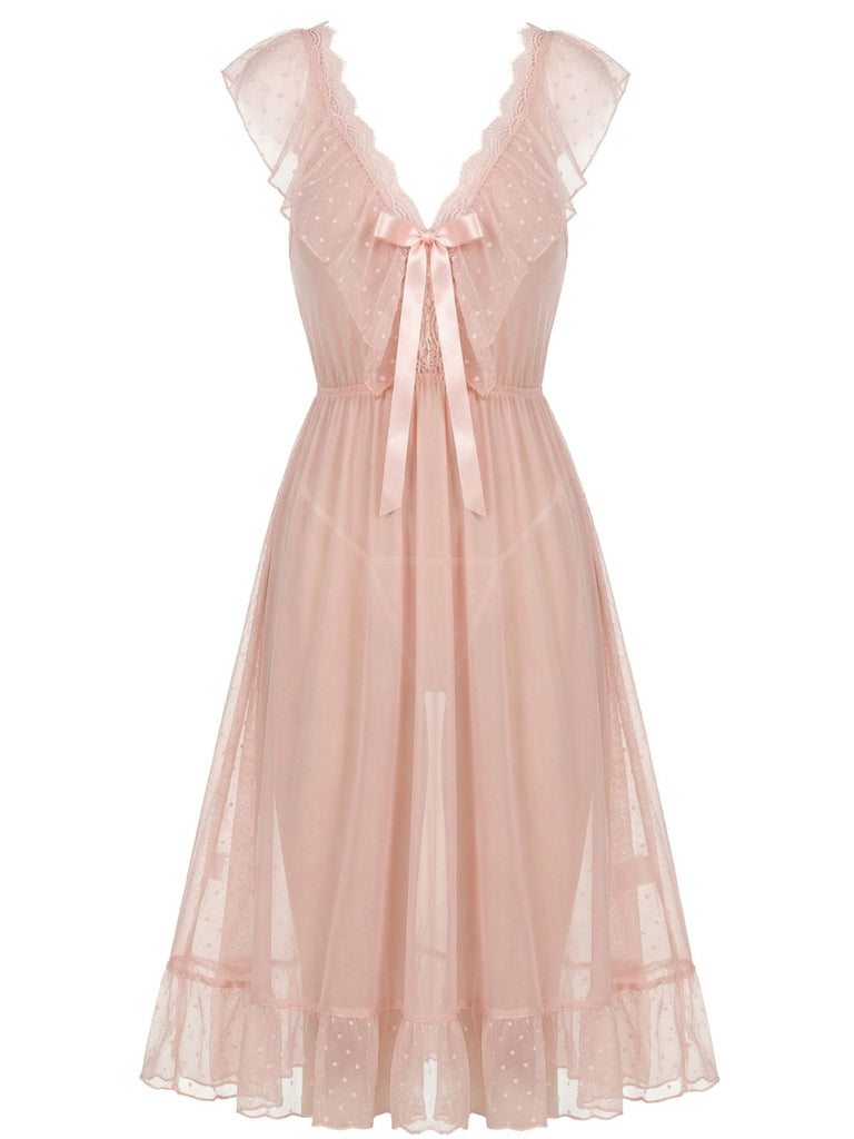 1930s Polka Dot Spaghetti Strap Mesh Princess Nightgown - vintage lingerie, retro nightgown, elegant sleepwear for vintage lovers