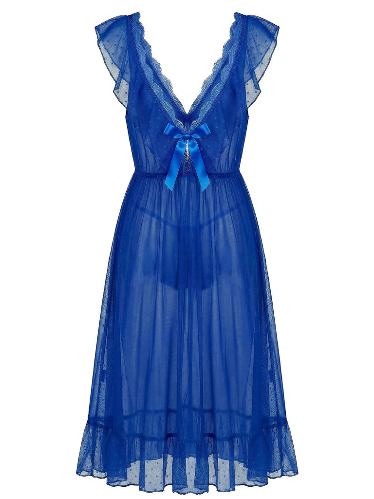 1930s Polka Dot Spaghetti Strap Mesh Princess Nightgown - vintage lingerie, retro nightgown, elegant sleepwear for vintage lovers