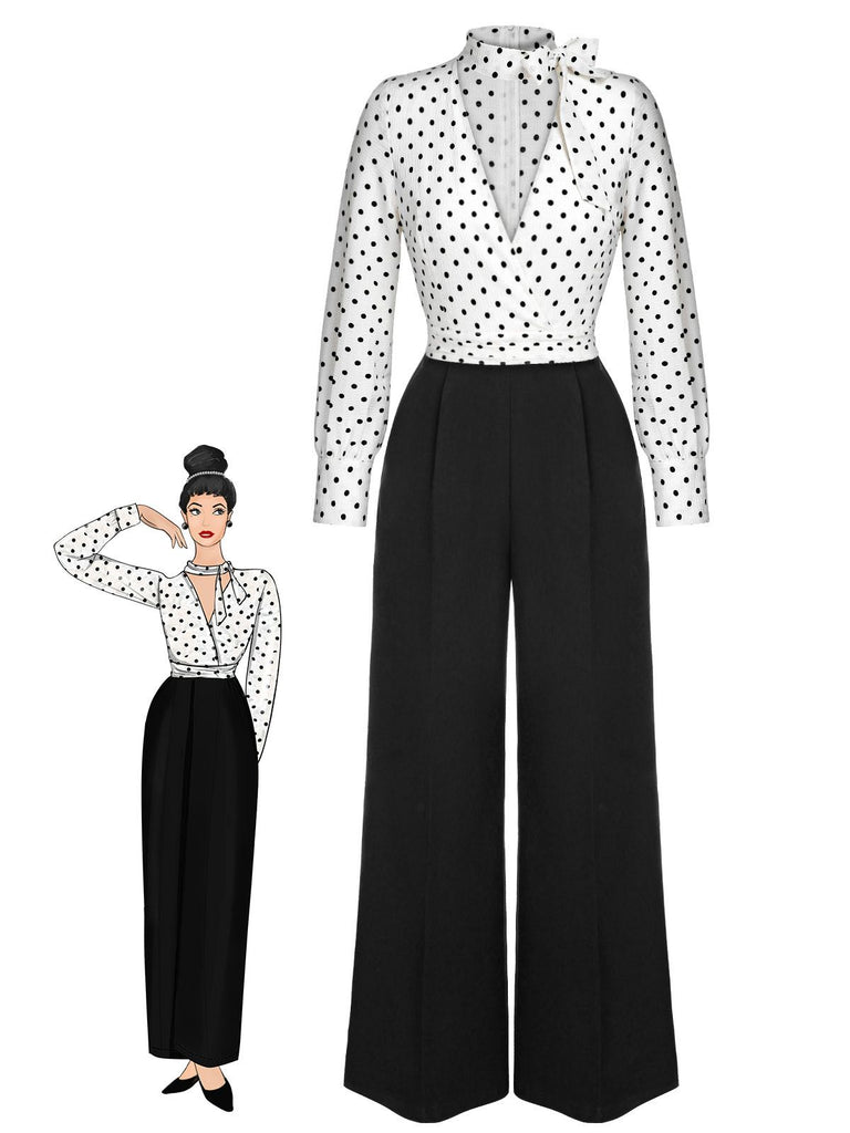 Blue & White 1930s Polka Dots Tie Neck Jumpsuit, vintage romper, retro jumpsuit - perfect for women who love vintage and retro fashion