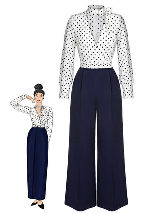 Blue & White 1930s Polka Dots Tie Neck Jumpsuit, vintage romper, retro jumpsuit - perfect for women who love vintage and retro fashion