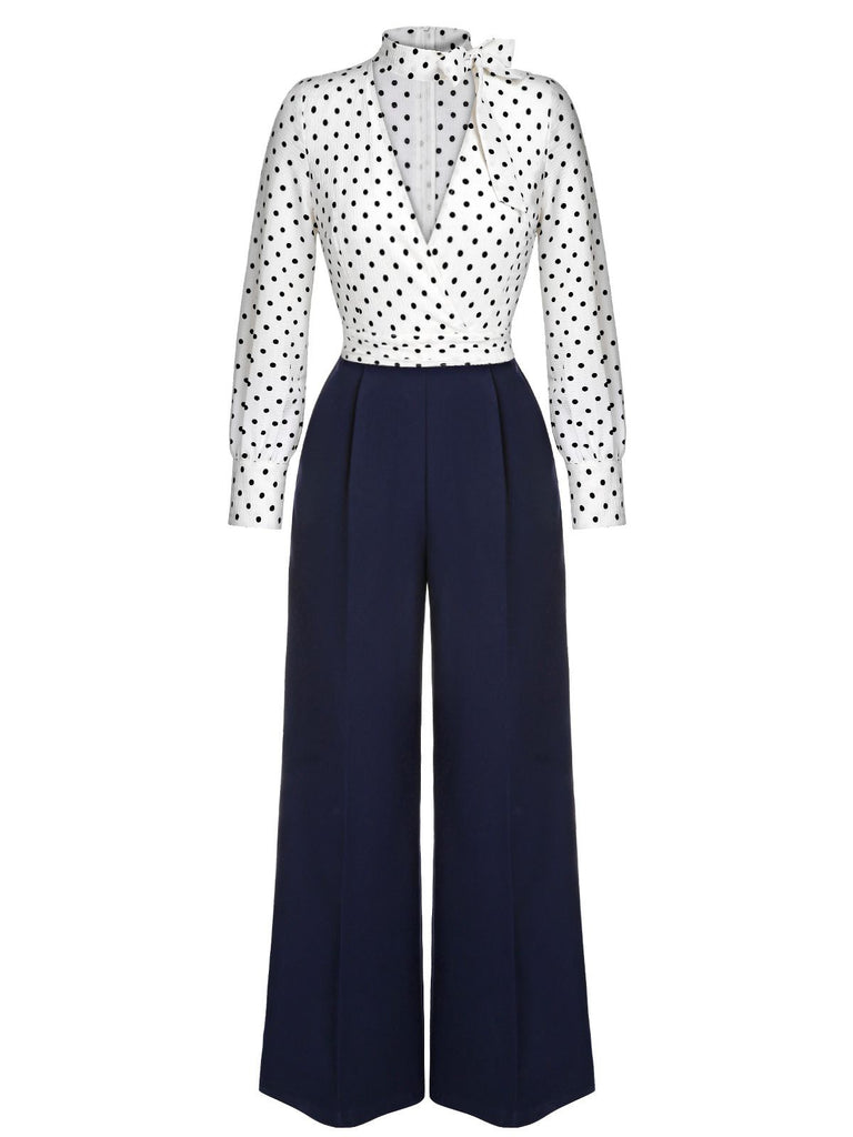 Blue & White 1930s Polka Dots Tie Neck Jumpsuit, vintage romper, retro jumpsuit - perfect for women who love vintage and retro fashion