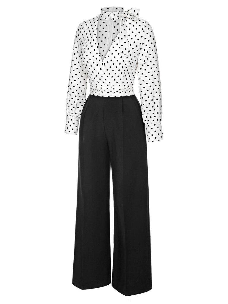 Blue & White 1930s Polka Dots Tie Neck Jumpsuit, vintage romper, retro jumpsuit - perfect for women who love vintage and retro fashion