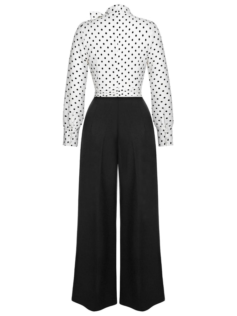 Blue & White 1930s Polka Dots Tie Neck Jumpsuit, vintage romper, retro jumpsuit - perfect for women who love vintage and retro fashion