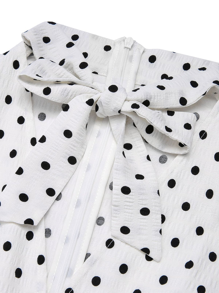 Blue & White 1930s Polka Dots Tie Neck Jumpsuit, vintage romper, retro jumpsuit - perfect for women who love vintage and retro fashion