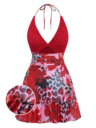 Red 1930s Floral Blurred Leopard Cut-Out Ruffled Swimdress - vintage dress, retro fashion, elegant red