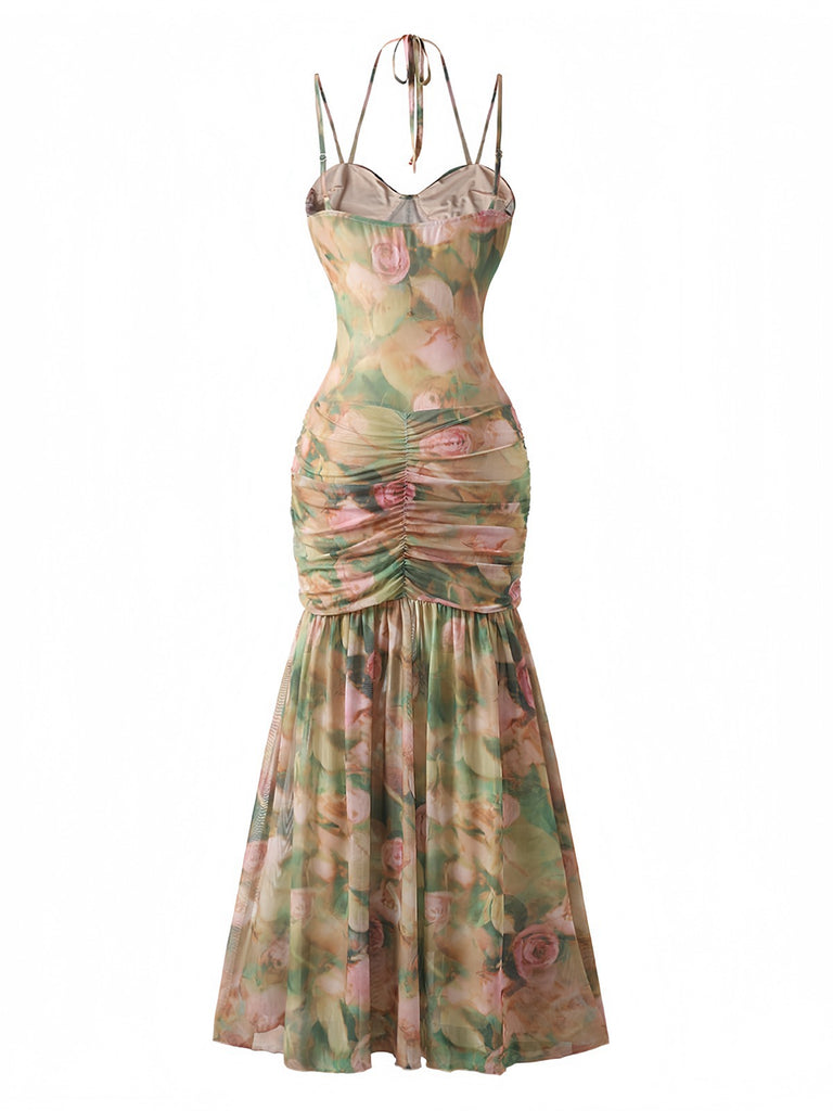 1930s Rose Print Fishbone Ruched Slit Dress